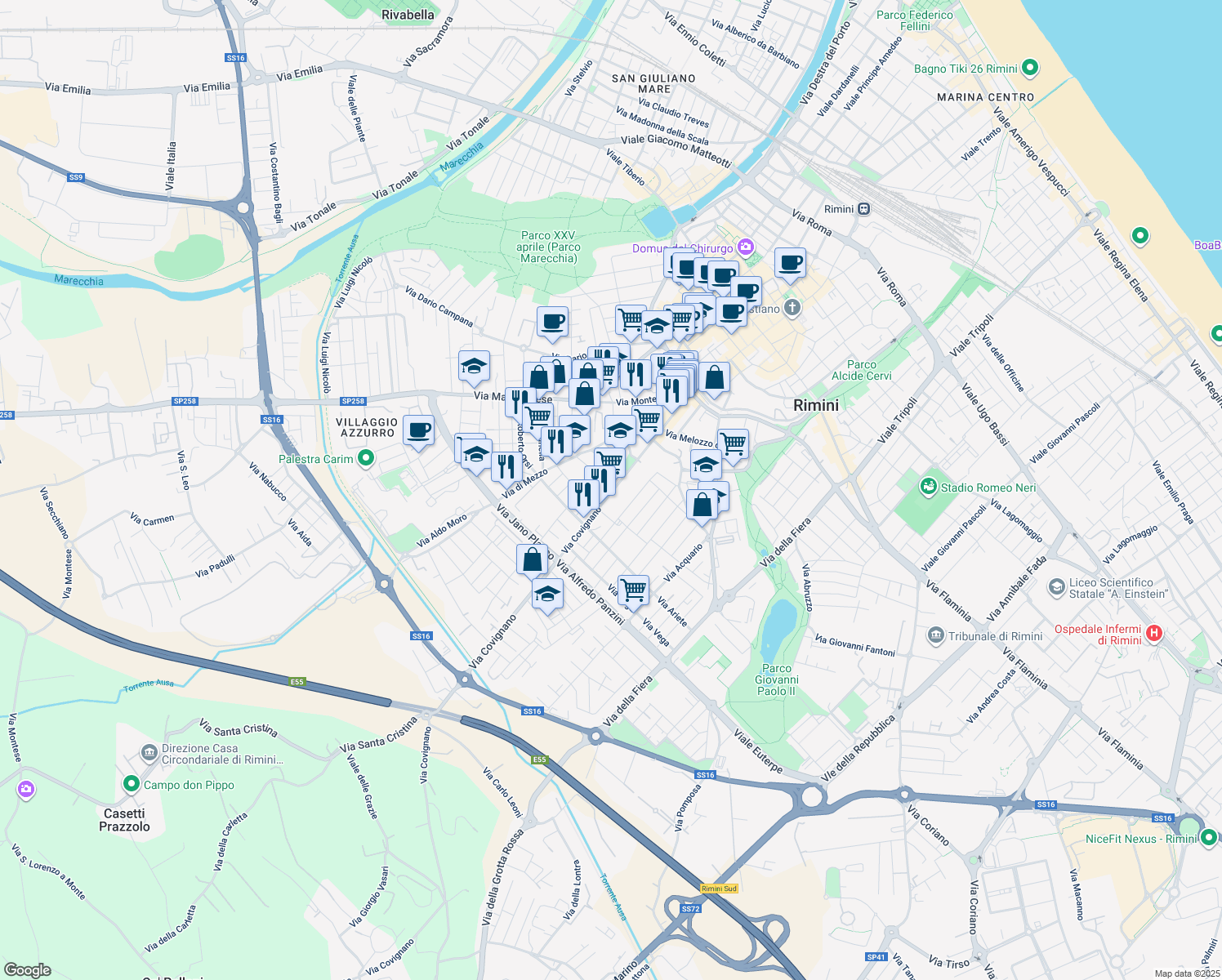 map of restaurants, bars, coffee shops, grocery stores, and more near 76 Via Covignano in Rimini