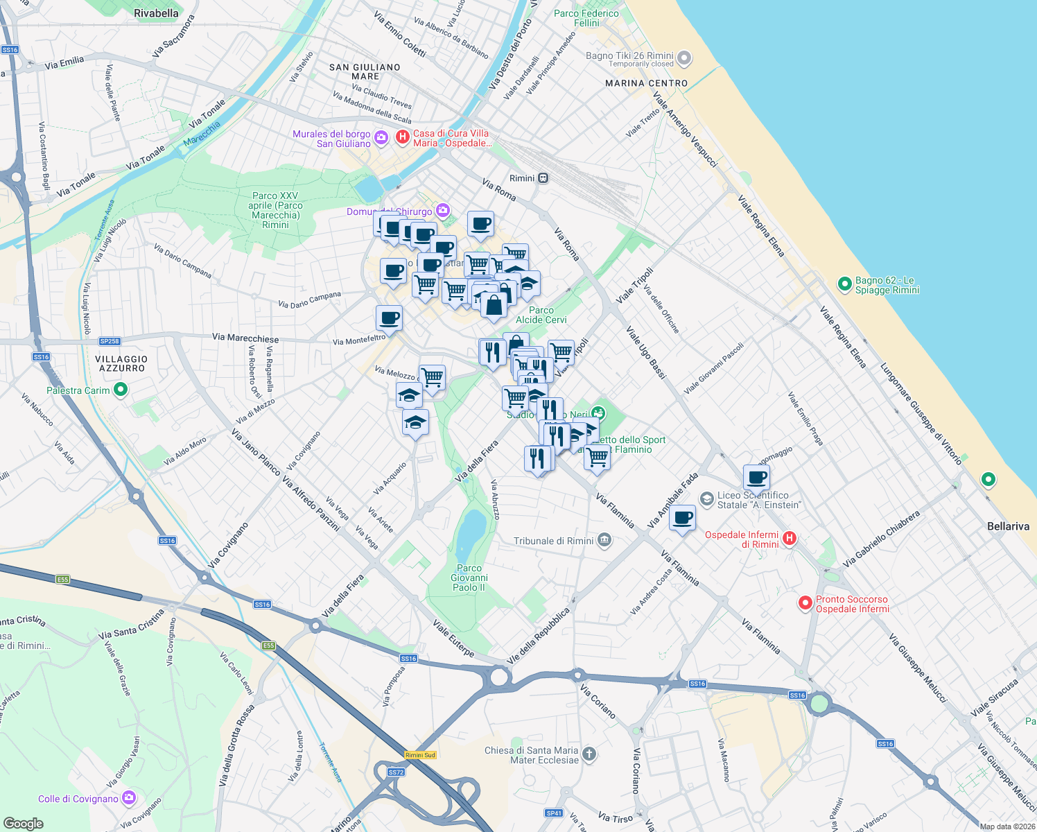 map of restaurants, bars, coffee shops, grocery stores, and more near 2c Via Bernardino Gueritti in Rimini