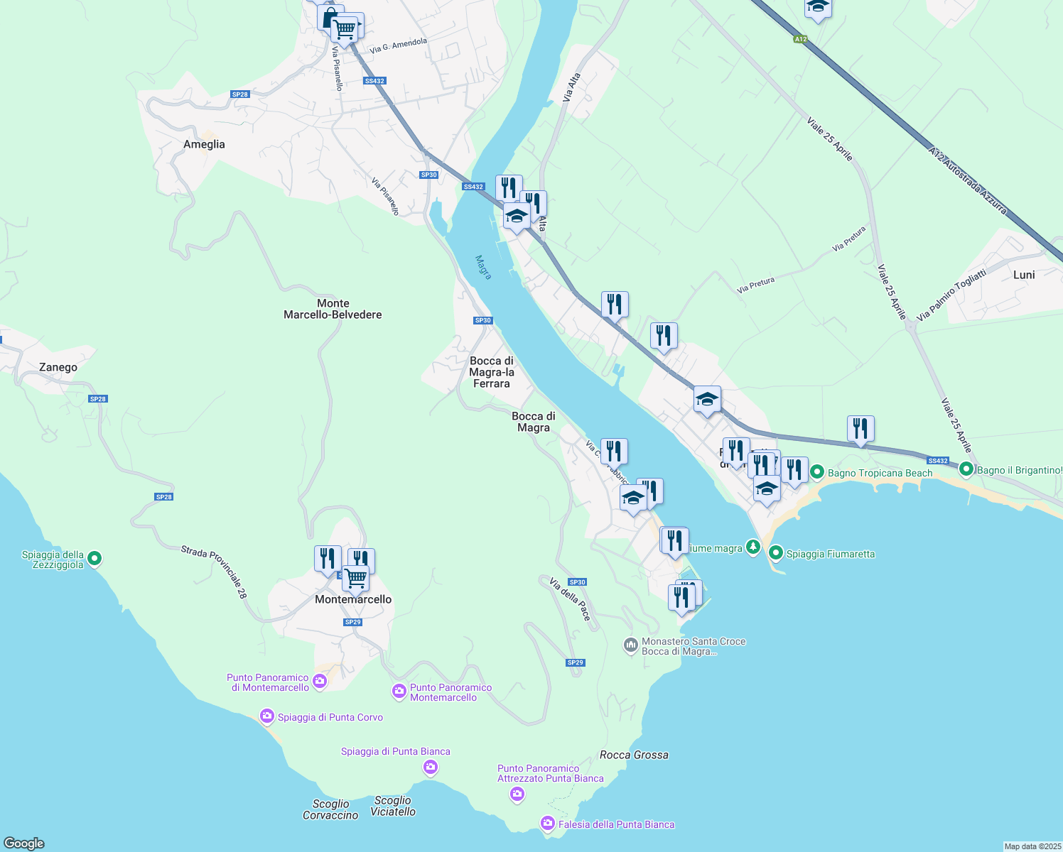 map of restaurants, bars, coffee shops, grocery stores, and more near 43-50 Via della Pace in Provincia della Spezia