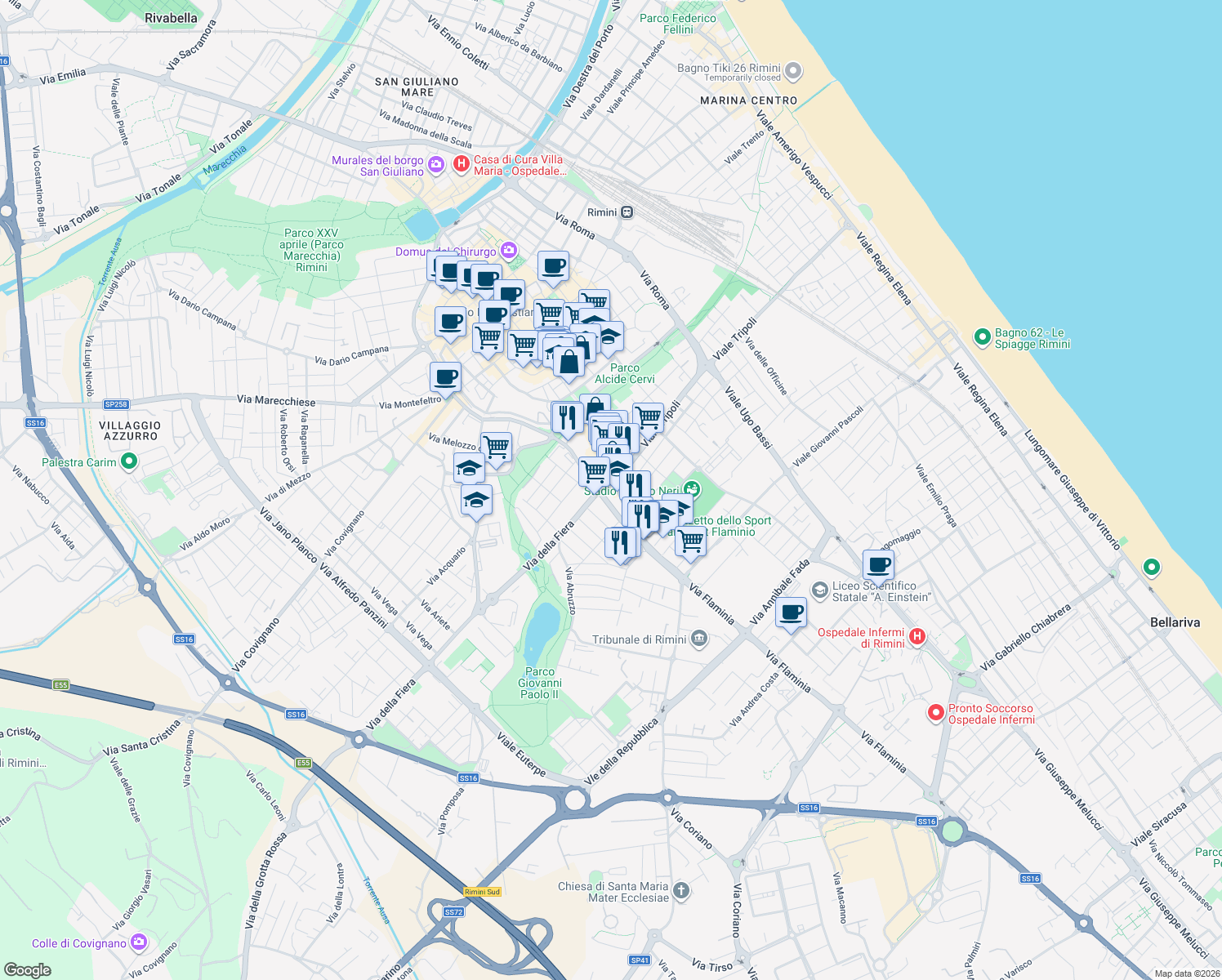 map of restaurants, bars, coffee shops, grocery stores, and more near 2c Via Bernardino Gueritti in Rimini