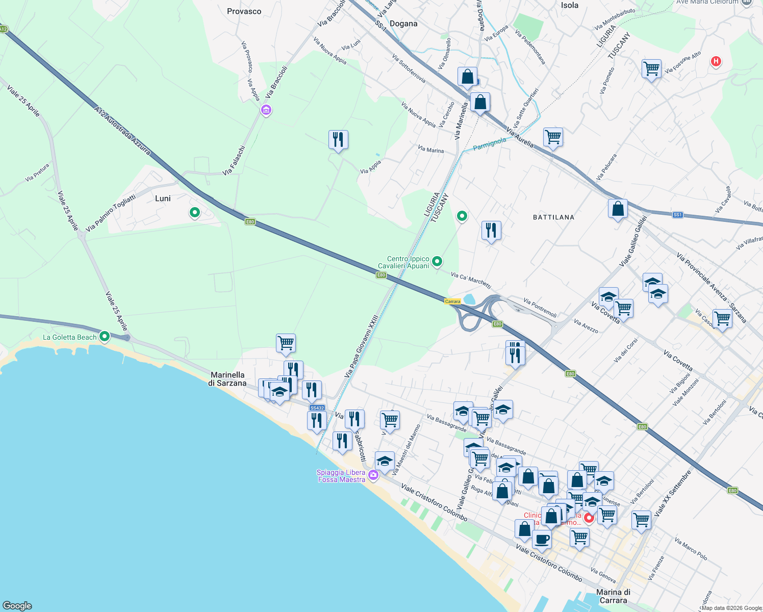 map of restaurants, bars, coffee shops, grocery stores, and more near in Province of La Spezia