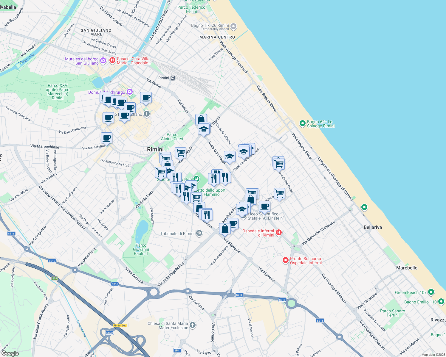 map of restaurants, bars, coffee shops, grocery stores, and more near 120 Viale Giovanni Pascoli in Rimini