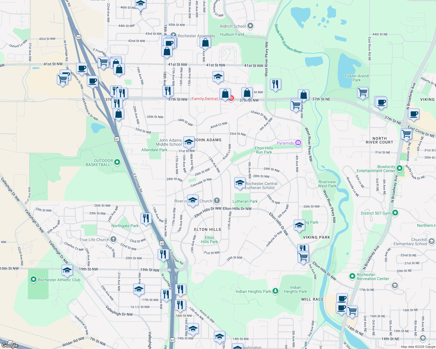 map of restaurants, bars, coffee shops, grocery stores, and more near 2711 12th Avenue Northwest in Rochester