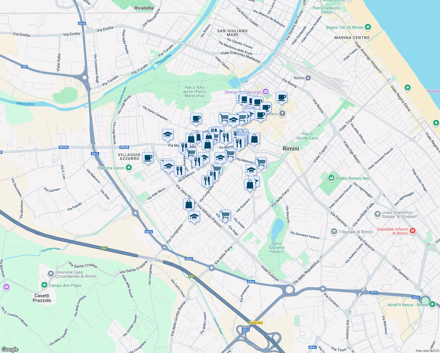 map of restaurants, bars, coffee shops, grocery stores, and more near 76 Via Covignano in Rimini