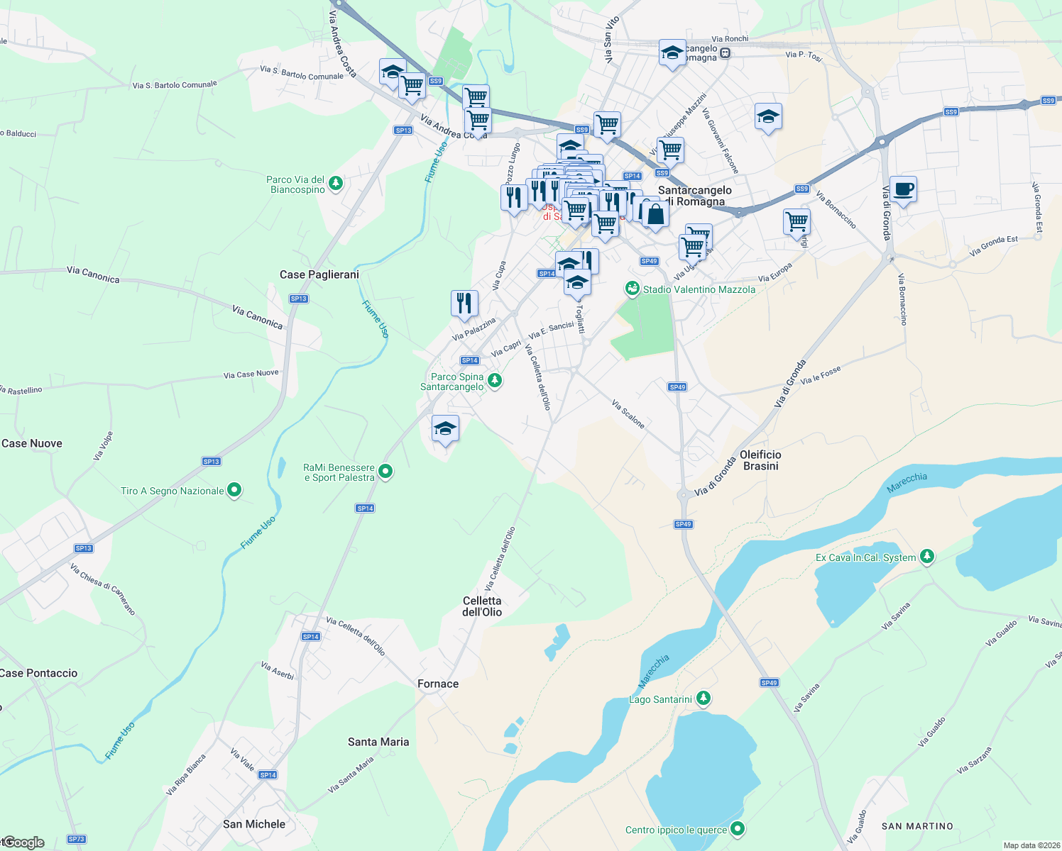 map of restaurants, bars, coffee shops, grocery stores, and more near 100 Via Casette Molari in Provincia di Rimini