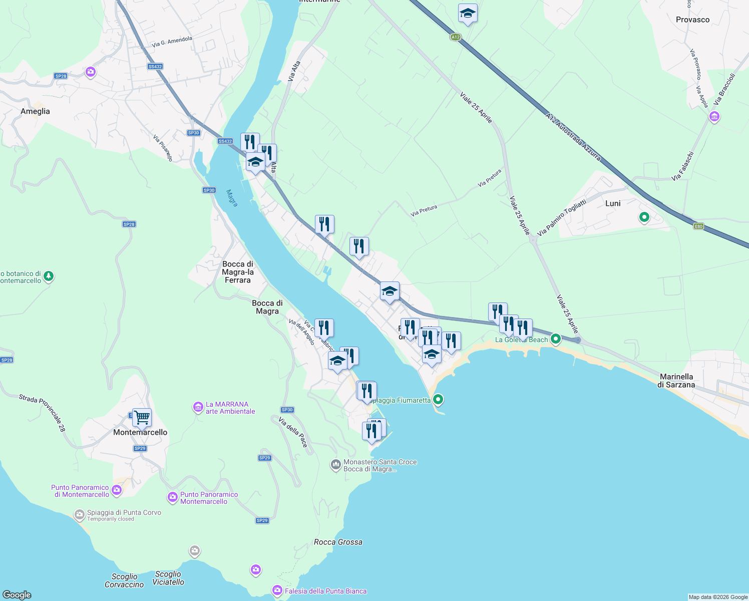 map of restaurants, bars, coffee shops, grocery stores, and more near 71 Via P. Ratti in Fiumaretta di Ameglia