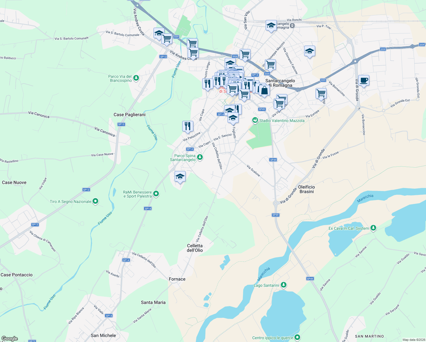map of restaurants, bars, coffee shops, grocery stores, and more near 100 Via Casette Molari in Provincia di Rimini