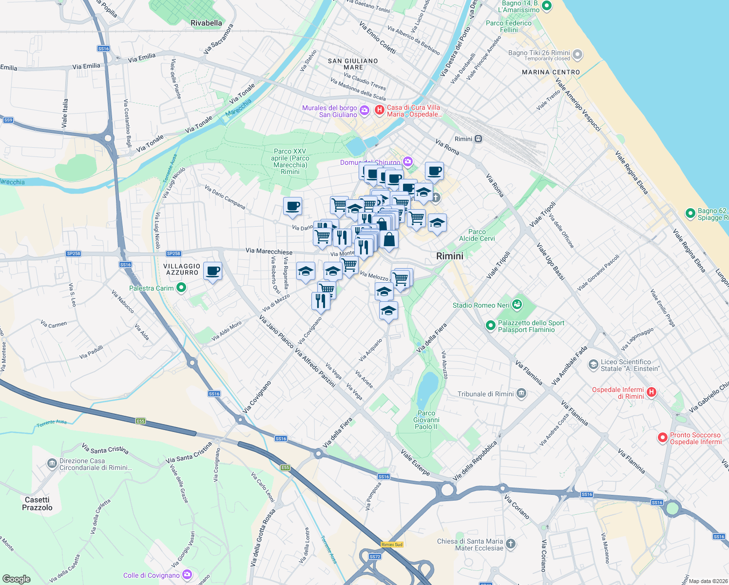 map of restaurants, bars, coffee shops, grocery stores, and more near 32 Via Monte Titano in Rimini