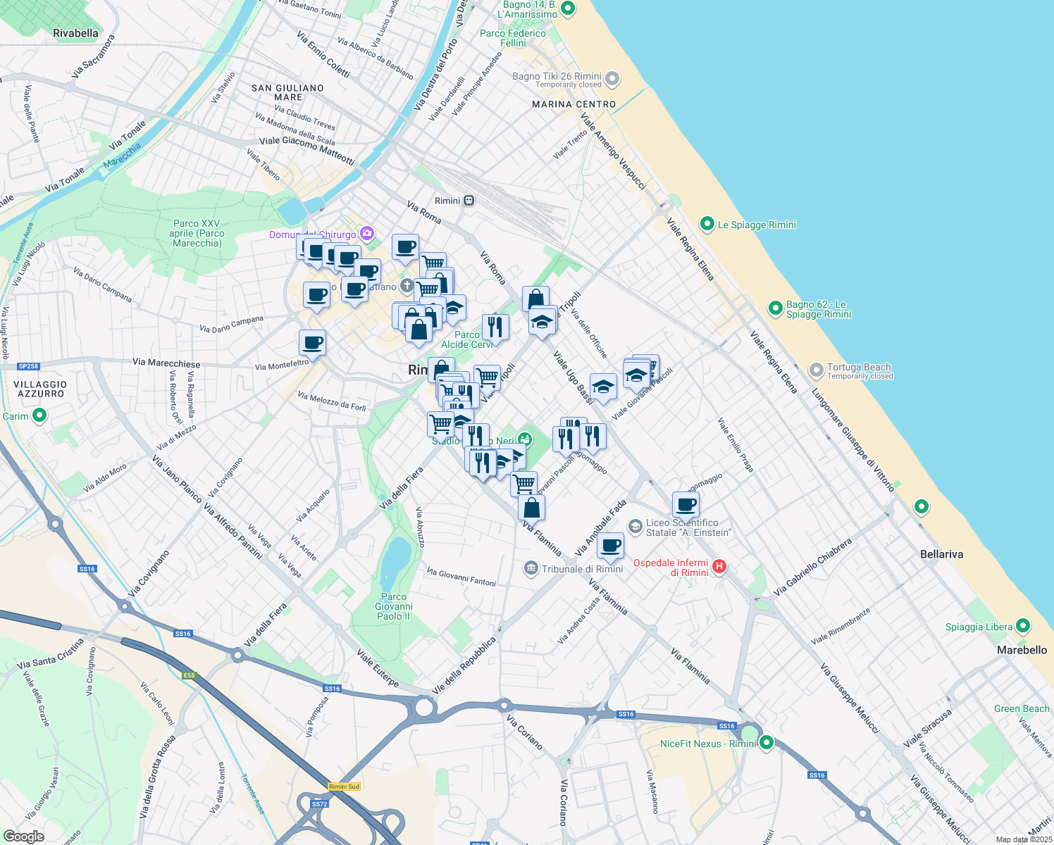 map of restaurants, bars, coffee shops, grocery stores, and more near 18 Viale Nove febbraio 1849 in Rimini