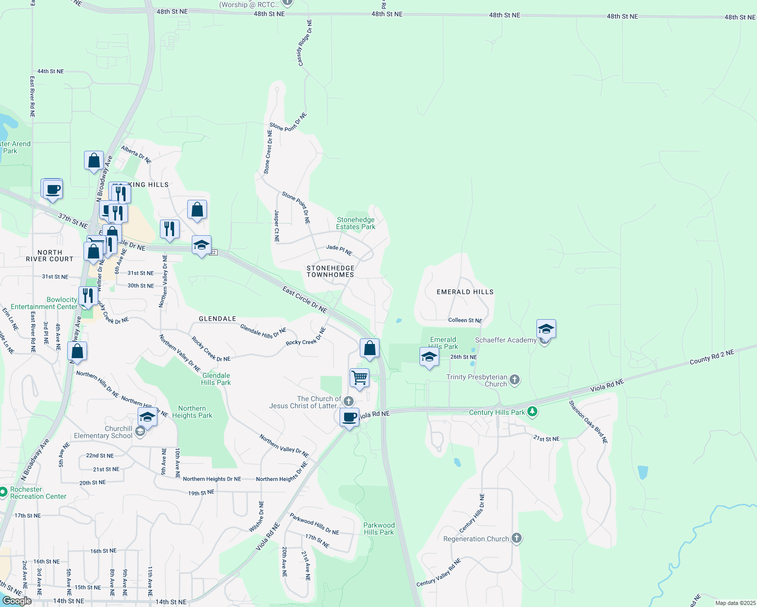 map of restaurants, bars, coffee shops, grocery stores, and more near 3010 Ivory Road Northeast in Rochester