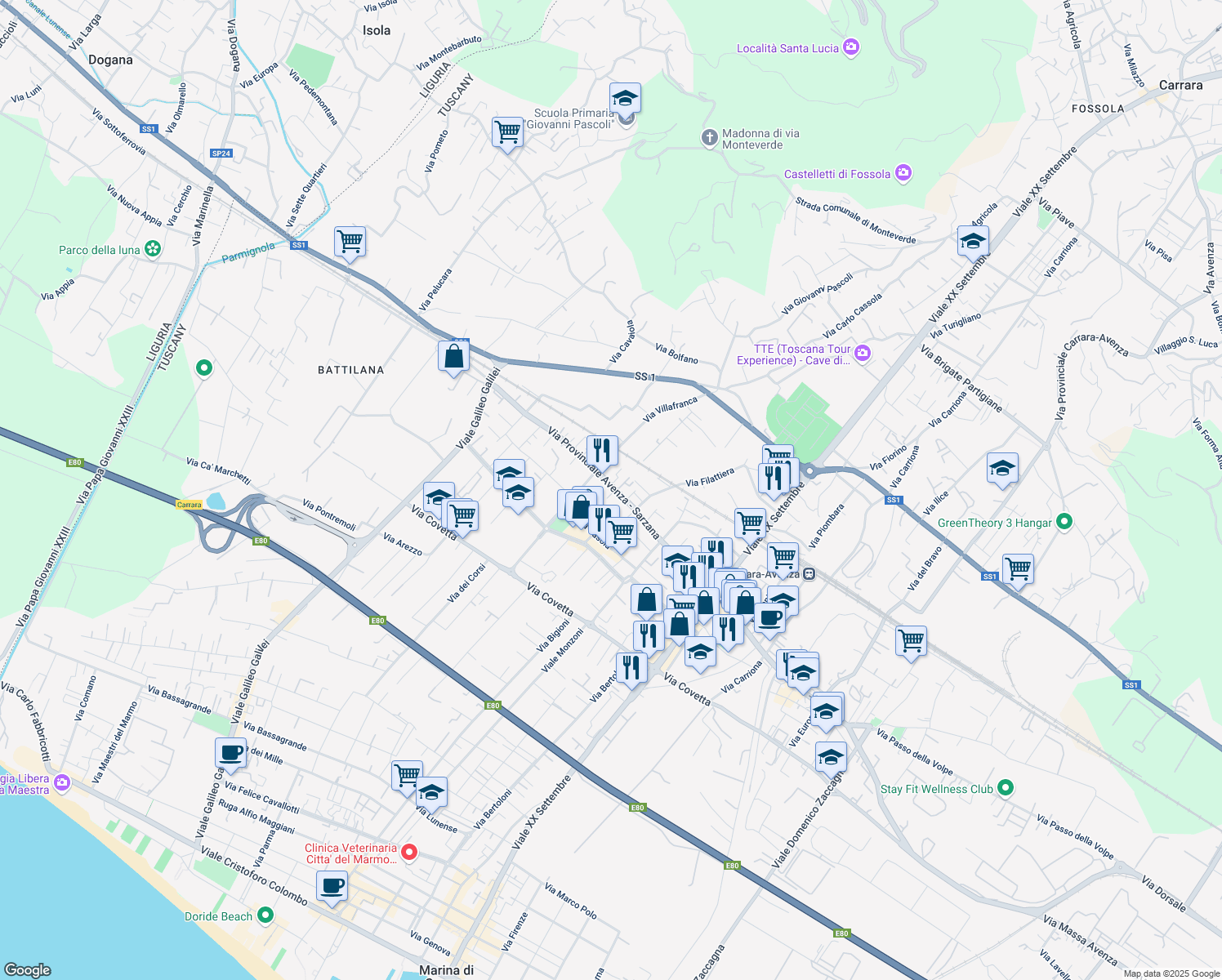 map of restaurants, bars, coffee shops, grocery stores, and more near 48 Via Provinciale Avenza - Sarzana in Carrara