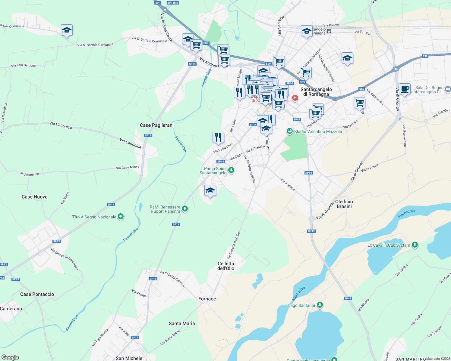 map of restaurants, bars, coffee shops, grocery stores, and more near 1 Via U. la Malfa in Santarcangelo di Romagna