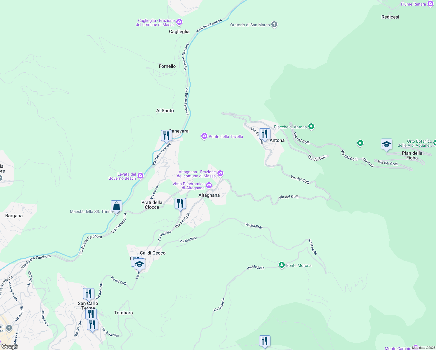 map of restaurants, bars, coffee shops, grocery stores, and more near 75 Altagnana in Massa