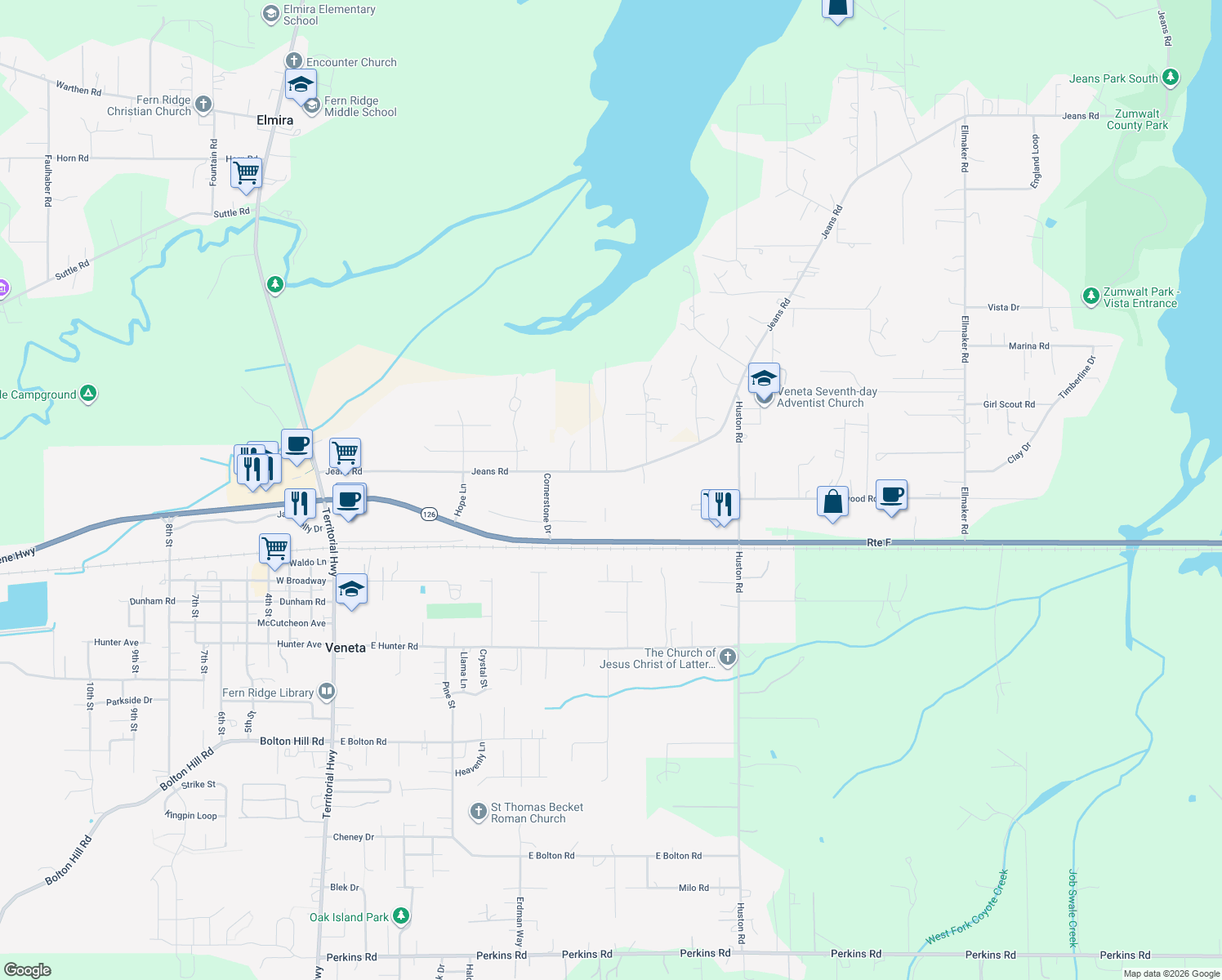 map of restaurants, bars, coffee shops, grocery stores, and more near 25448 Jeans Road in Veneta