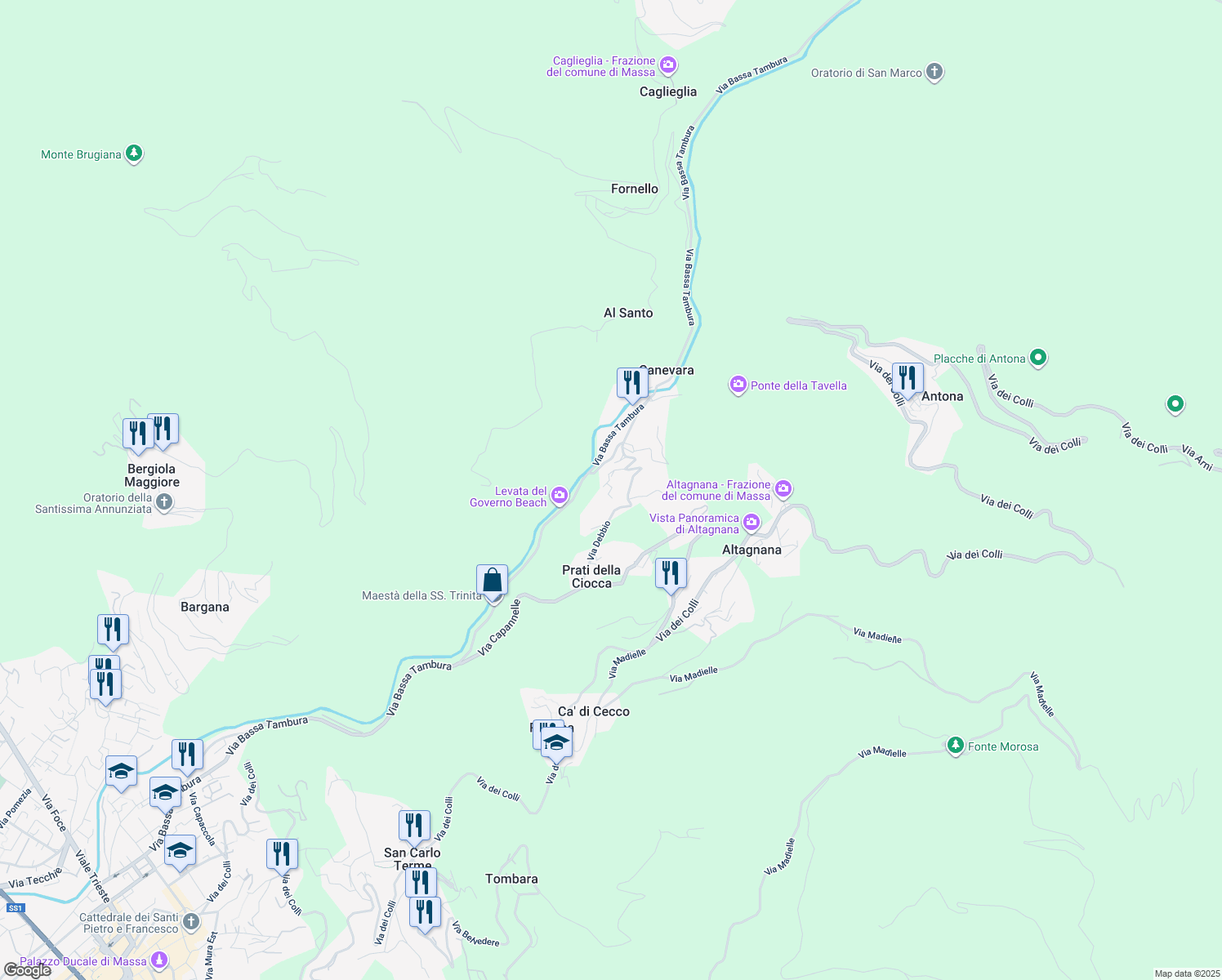 map of restaurants, bars, coffee shops, grocery stores, and more near 45 Via Debbio in Canevara