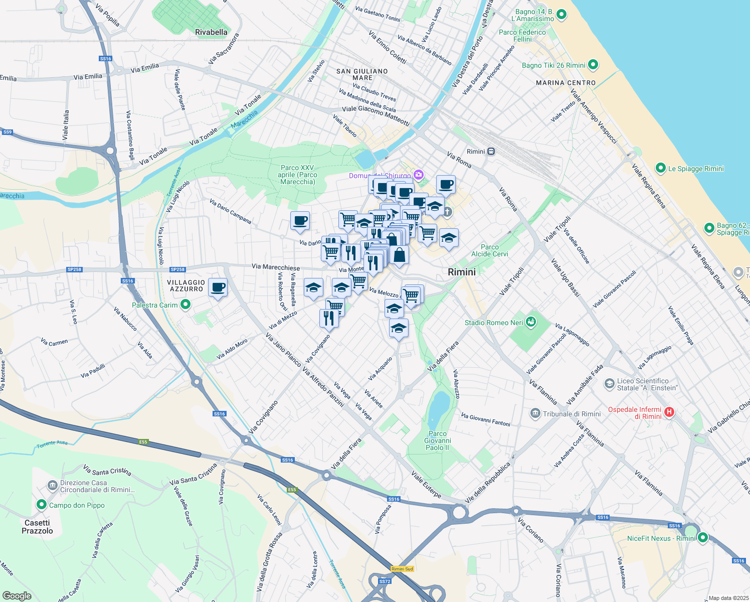 map of restaurants, bars, coffee shops, grocery stores, and more near 32 Via Monte Titano in Rimini