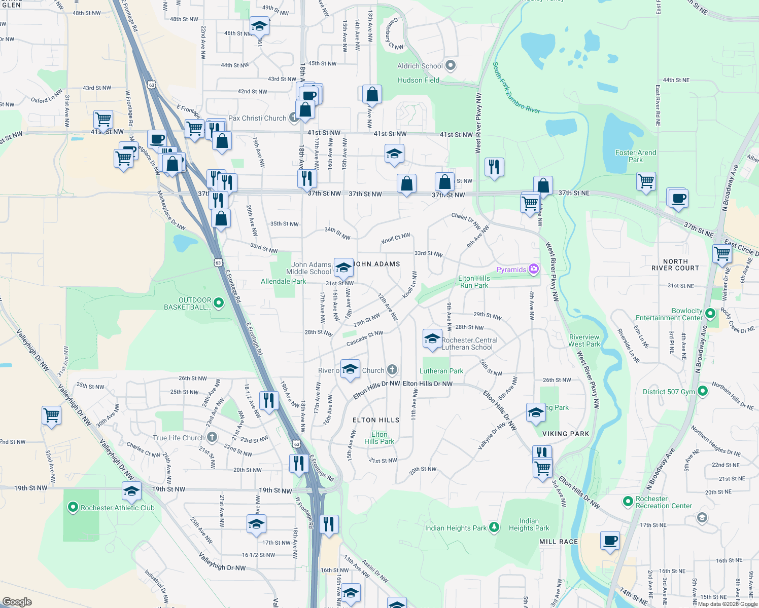 map of restaurants, bars, coffee shops, grocery stores, and more near 1210 30th Street Northwest in Rochester