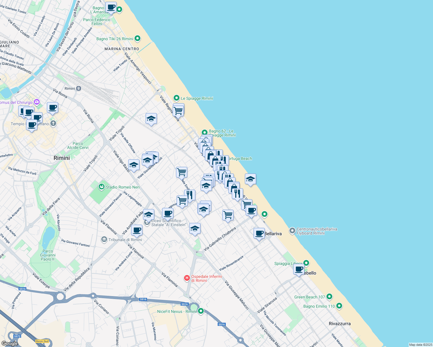 map of restaurants, bars, coffee shops, grocery stores, and more near 127 Viale Regina Elena in Rimini