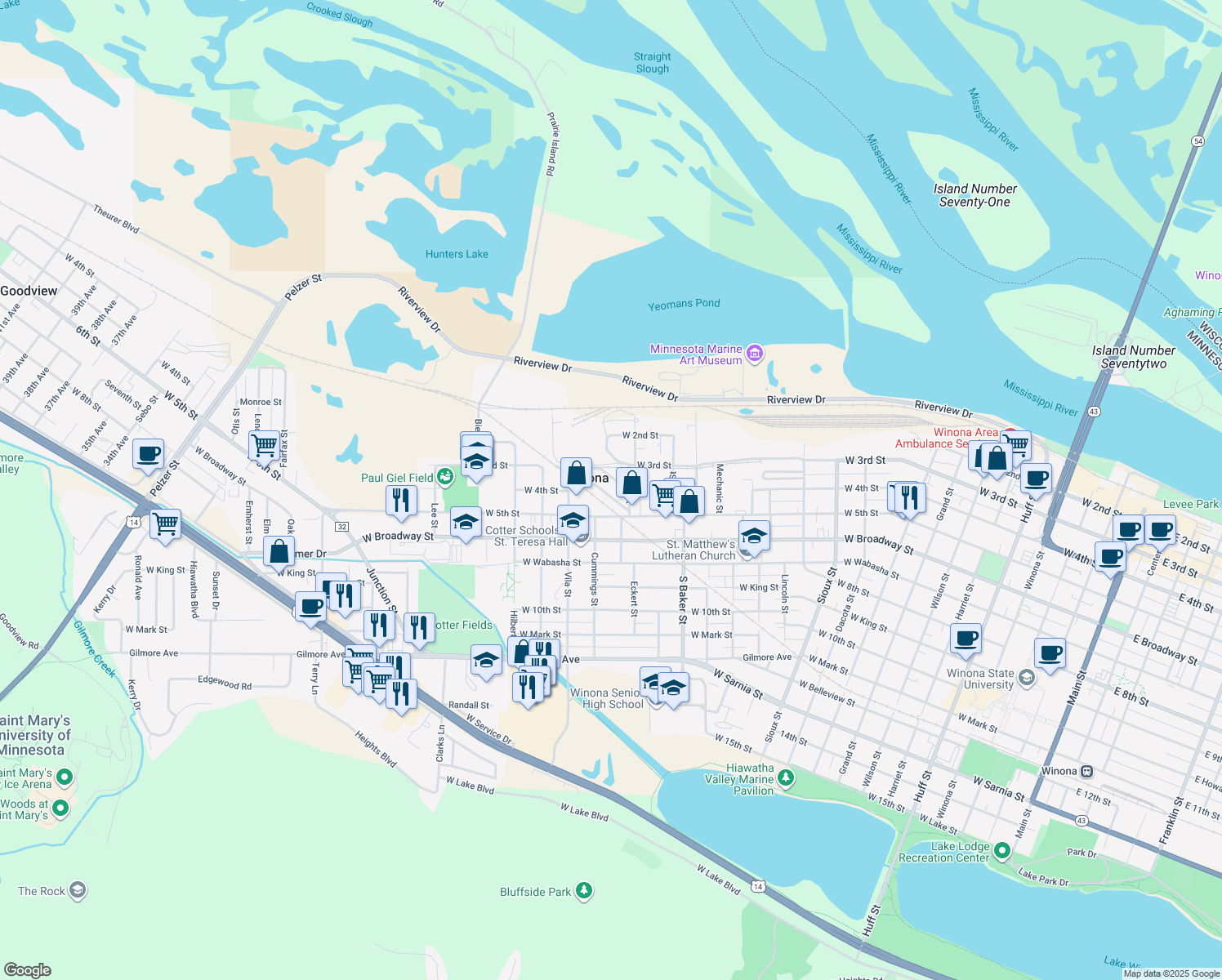 map of restaurants, bars, coffee shops, grocery stores, and more near 1094 Marian Street in Winona