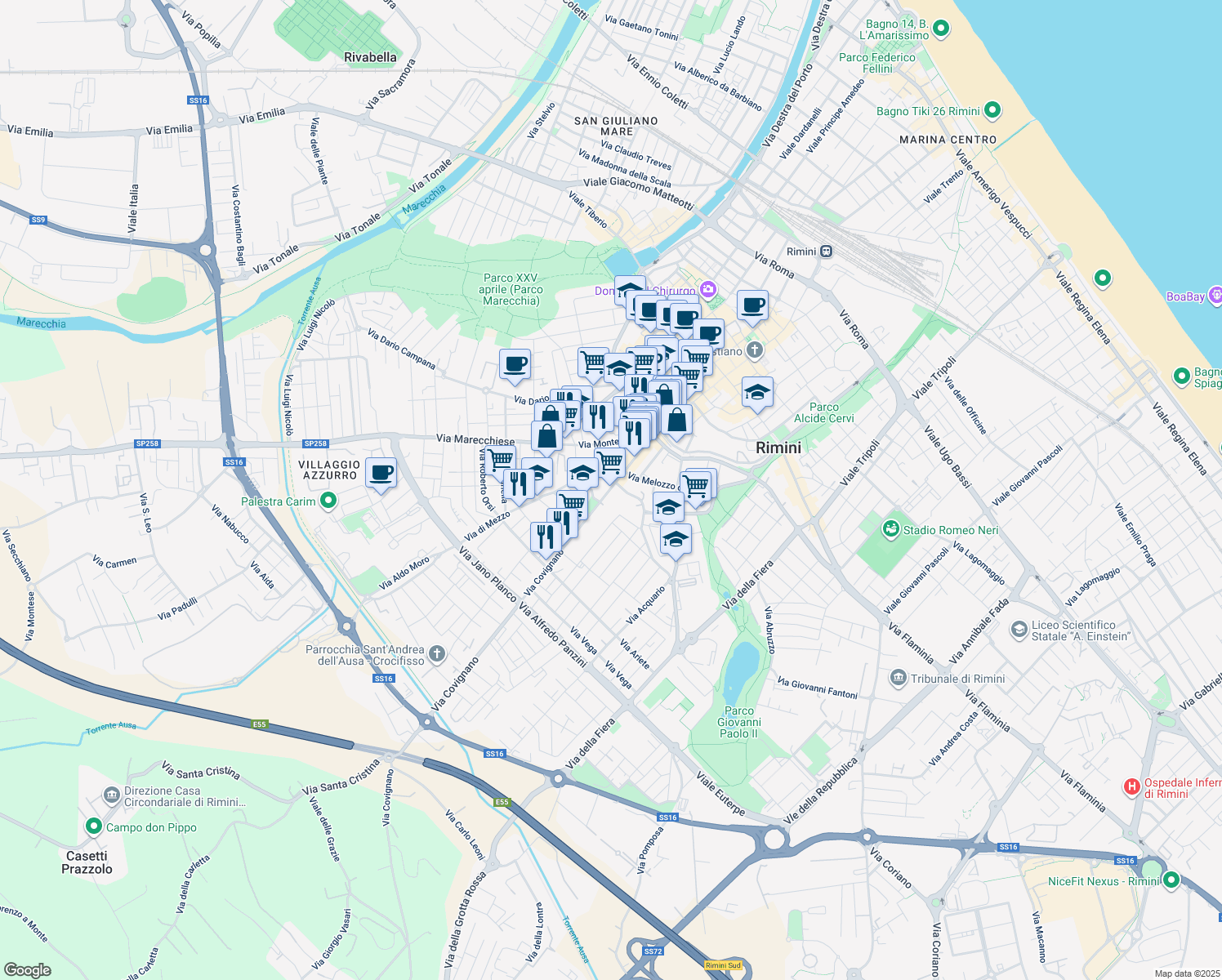 map of restaurants, bars, coffee shops, grocery stores, and more near 12 Via Covignano in Rimini