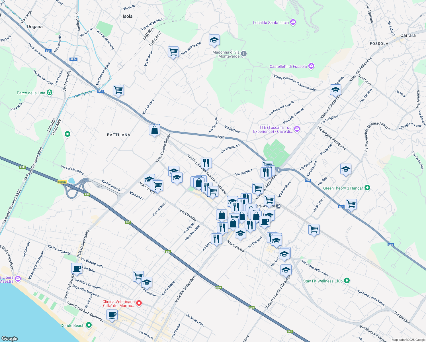 map of restaurants, bars, coffee shops, grocery stores, and more near 48 Via Provinciale Avenza Sarzana in Carrara