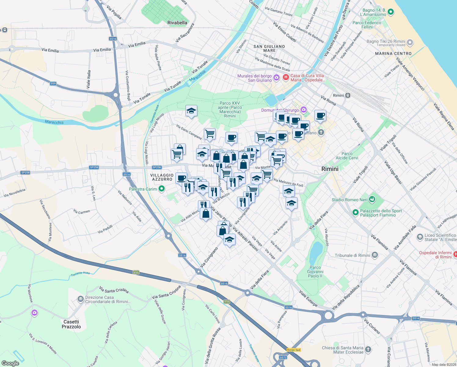 map of restaurants, bars, coffee shops, grocery stores, and more near 29 Via Sebastiano Vanzi in Rimini