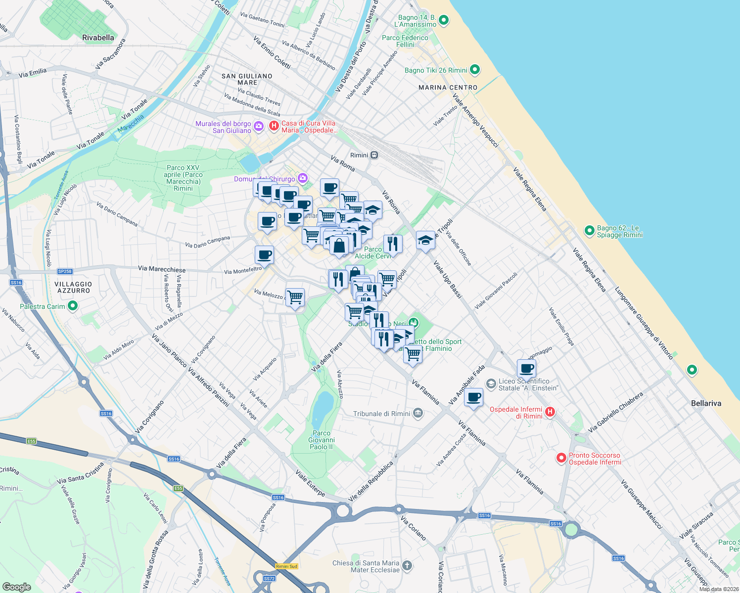 map of restaurants, bars, coffee shops, grocery stores, and more near 36 Vicolo San Giovanni in Rimini