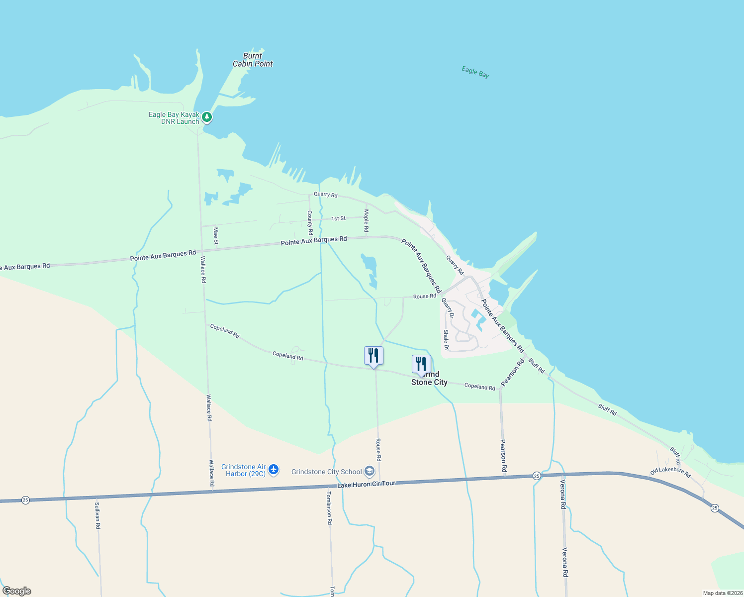 map of restaurants, bars, coffee shops, grocery stores, and more near Carrie Lane in Port Austin