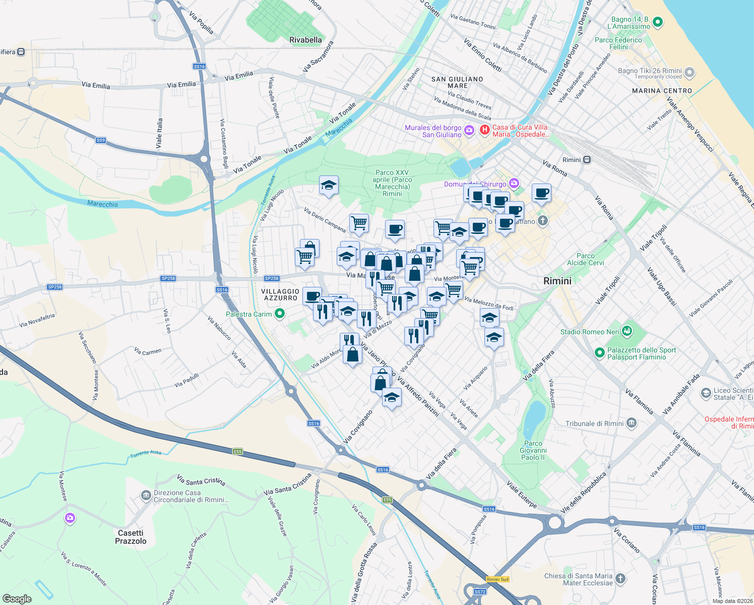 map of restaurants, bars, coffee shops, grocery stores, and more near 29 Via Sebastiano Vanzi in Rimini