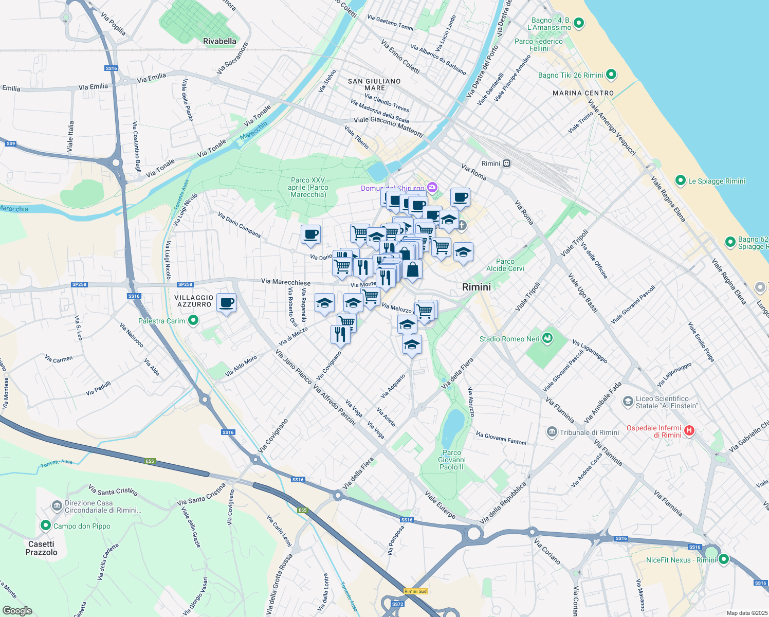 map of restaurants, bars, coffee shops, grocery stores, and more near 32 Via Monte Titano in Rimini