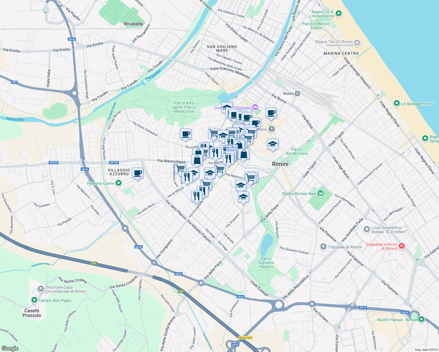 map of restaurants, bars, coffee shops, grocery stores, and more near 12 Via Covignano in Rimini