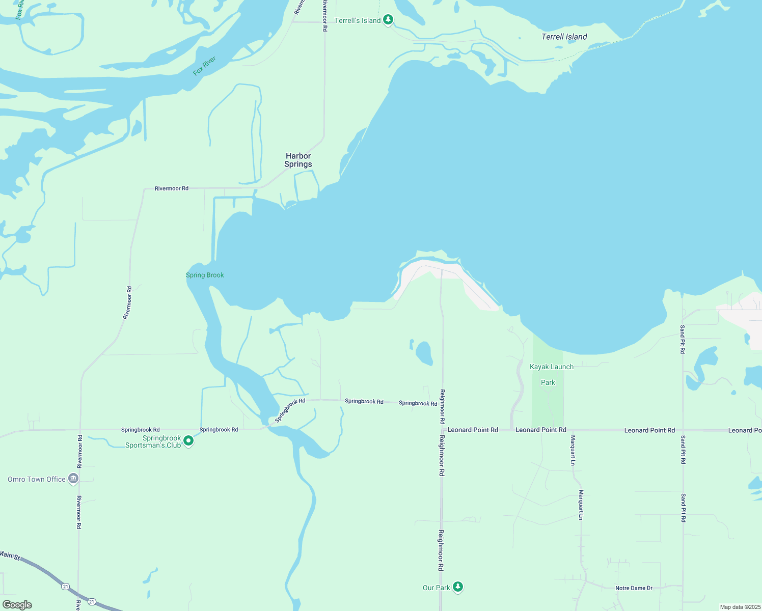 map of restaurants, bars, coffee shops, grocery stores, and more near 5640 Reighmoor Road in Omro