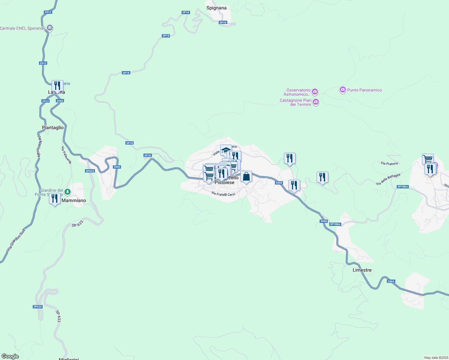 map of restaurants, bars, coffee shops, grocery stores, and more near 5 Piazza Cini in San Marcello Pistoiese