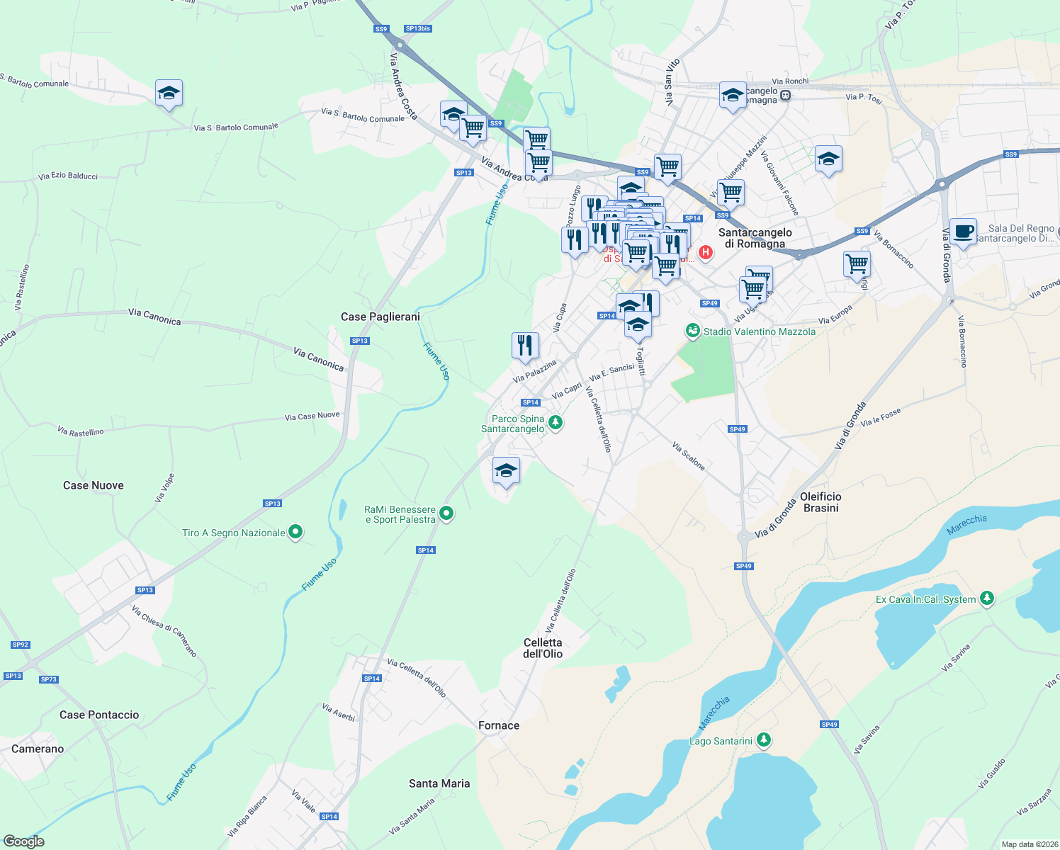 map of restaurants, bars, coffee shops, grocery stores, and more near 1 Via U. la Malfa in Santarcangelo di Romagna