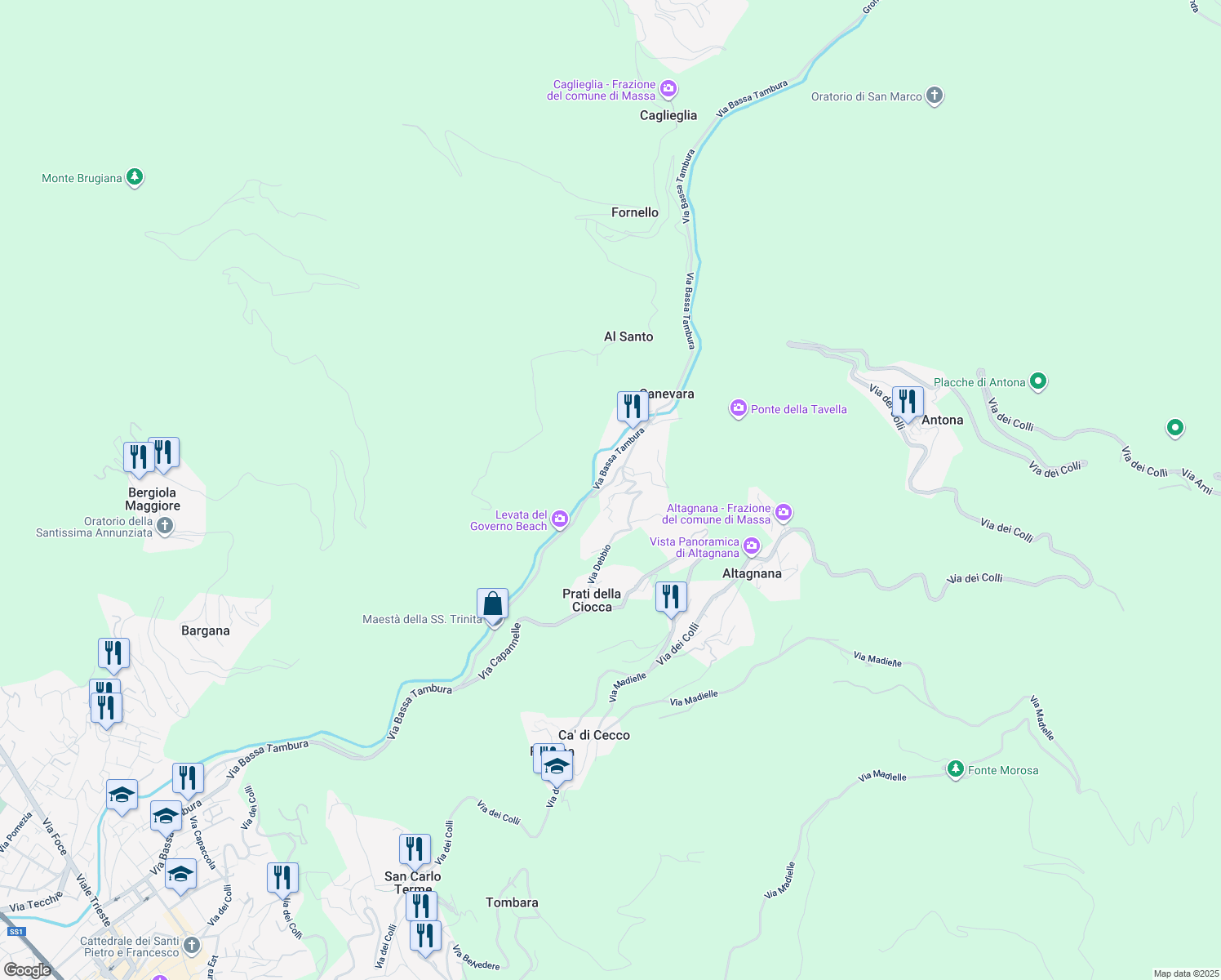 map of restaurants, bars, coffee shops, grocery stores, and more near 45 Via Debbio in Canevara