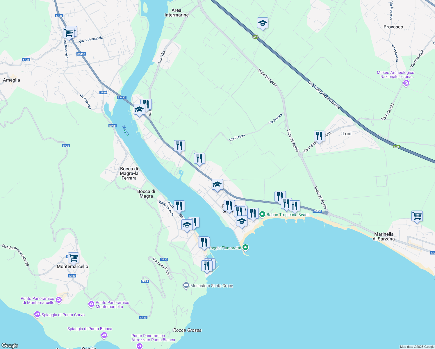map of restaurants, bars, coffee shops, grocery stores, and more near Via Luni in Fiumaretta di Ameglia