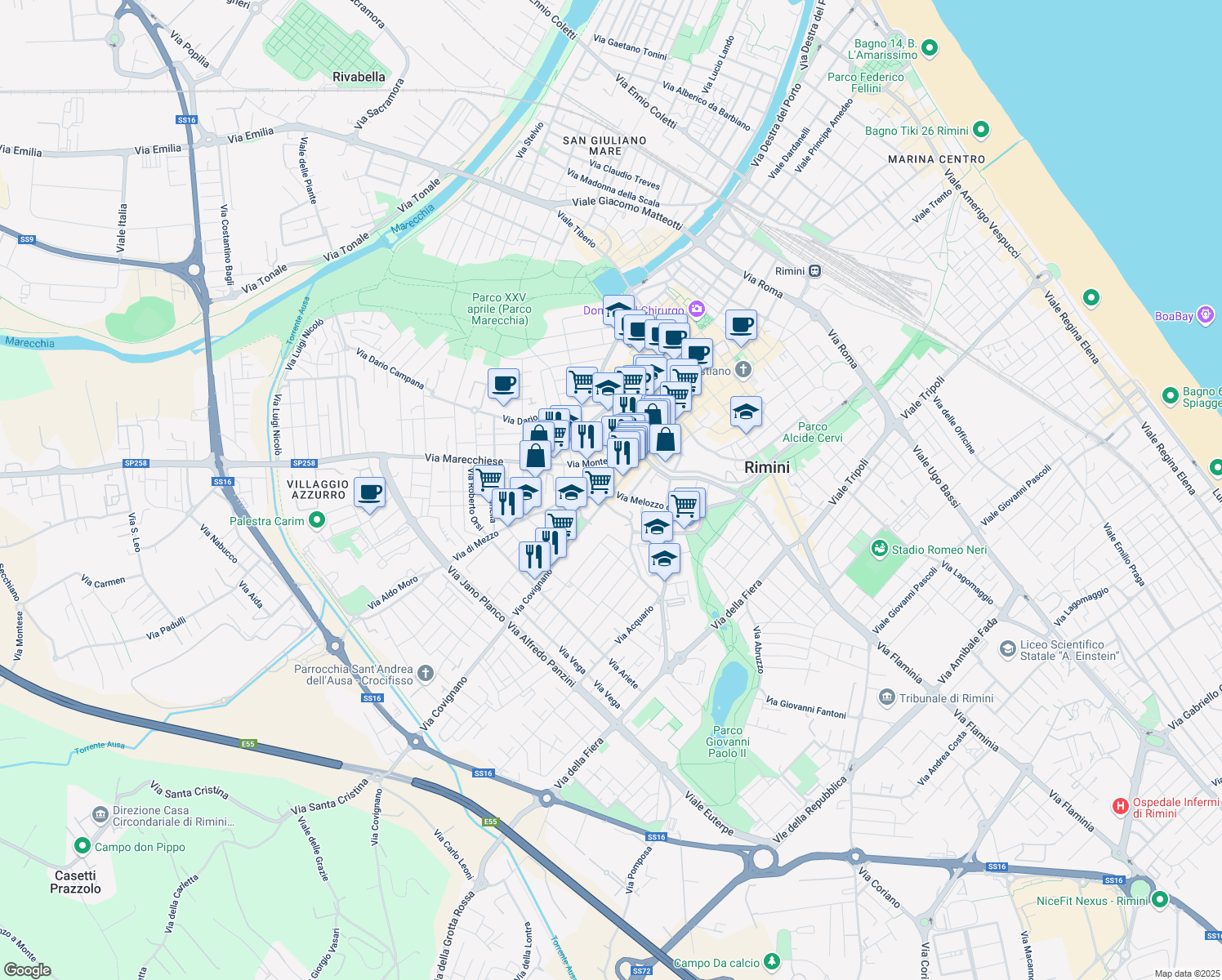 map of restaurants, bars, coffee shops, grocery stores, and more near 12 Via Covignano in Rimini