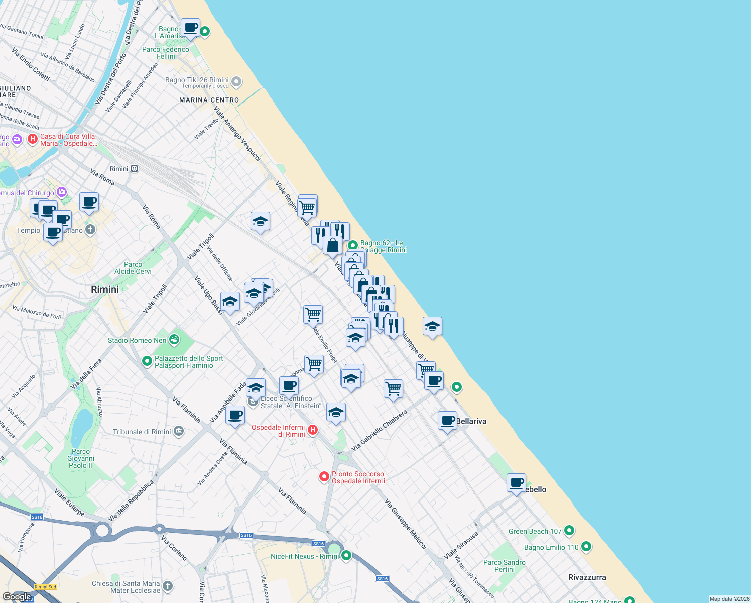 map of restaurants, bars, coffee shops, grocery stores, and more near 14 Lungomare Giuseppe di Vittorio in Rimini