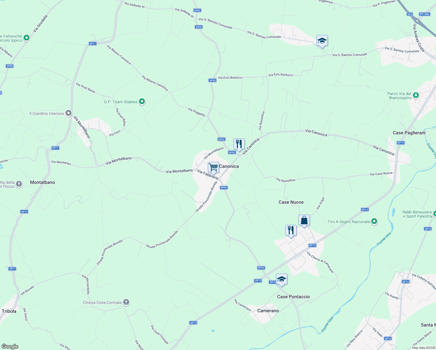 map of restaurants, bars, coffee shops, grocery stores, and more near 34 Via dell'Albana in Canonica