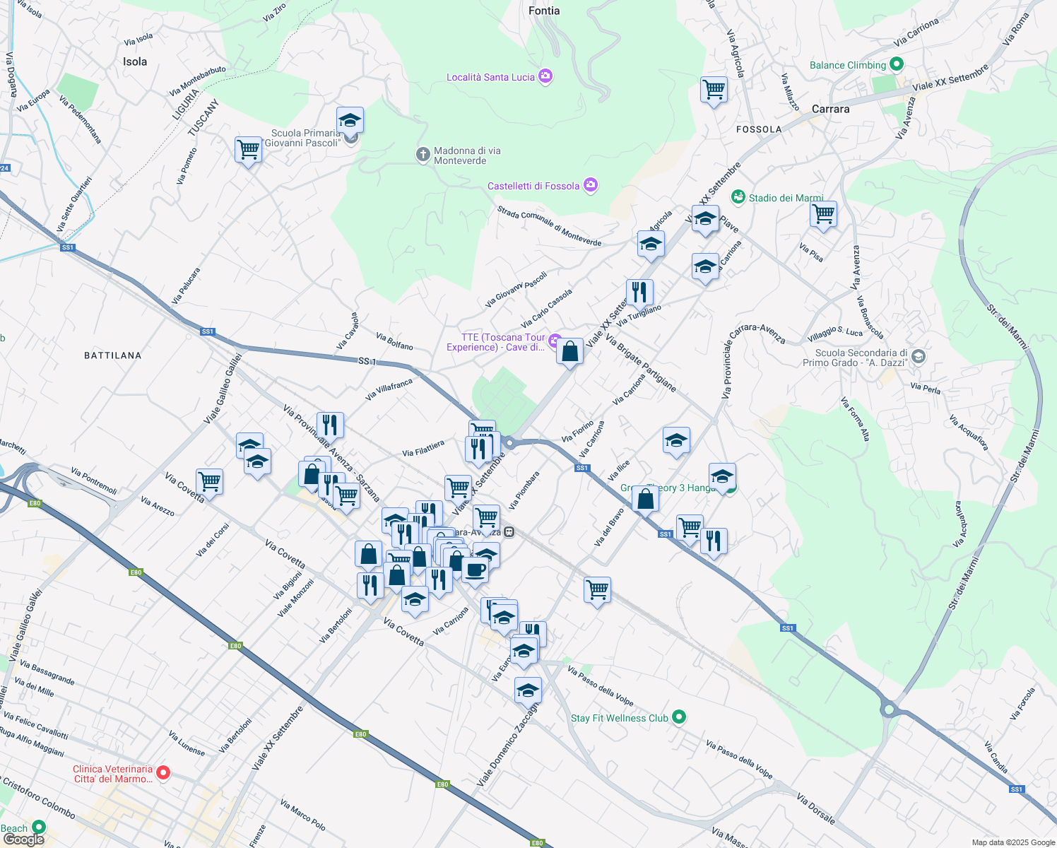 map of restaurants, bars, coffee shops, grocery stores, and more near 173 Viale XX Settembre in Carrara