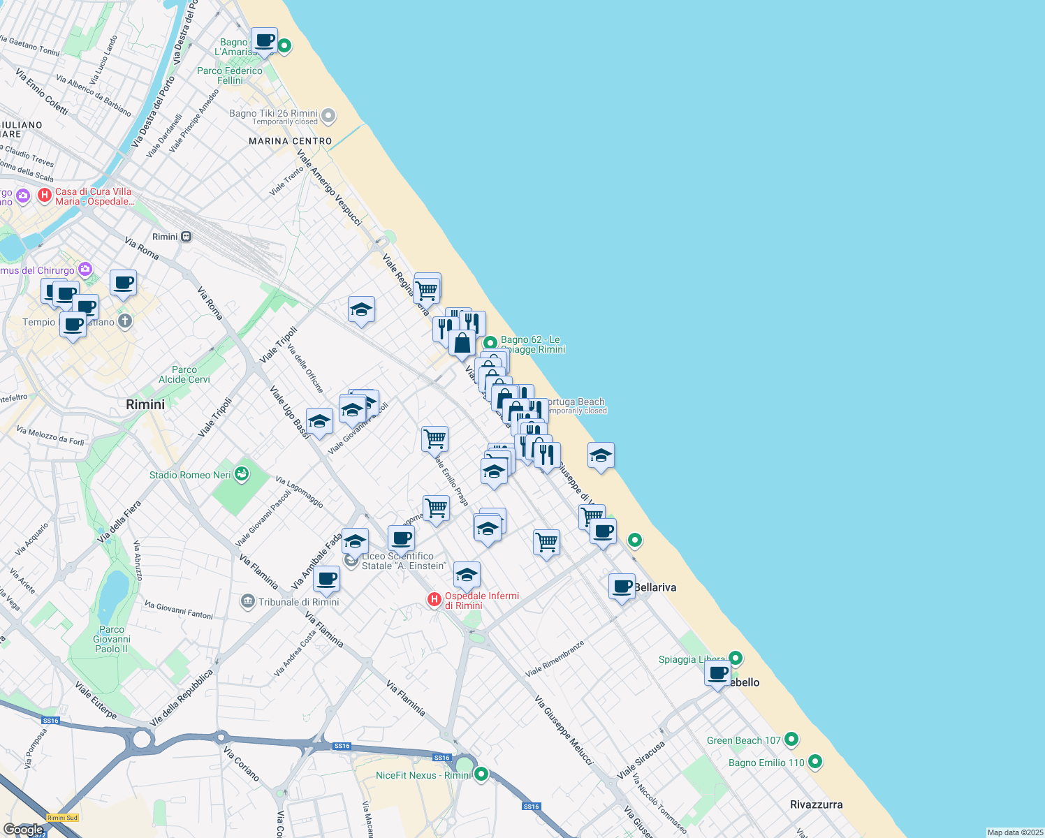 map of restaurants, bars, coffee shops, grocery stores, and more near 14 Lungomare Giuseppe di Vittorio in Rimini