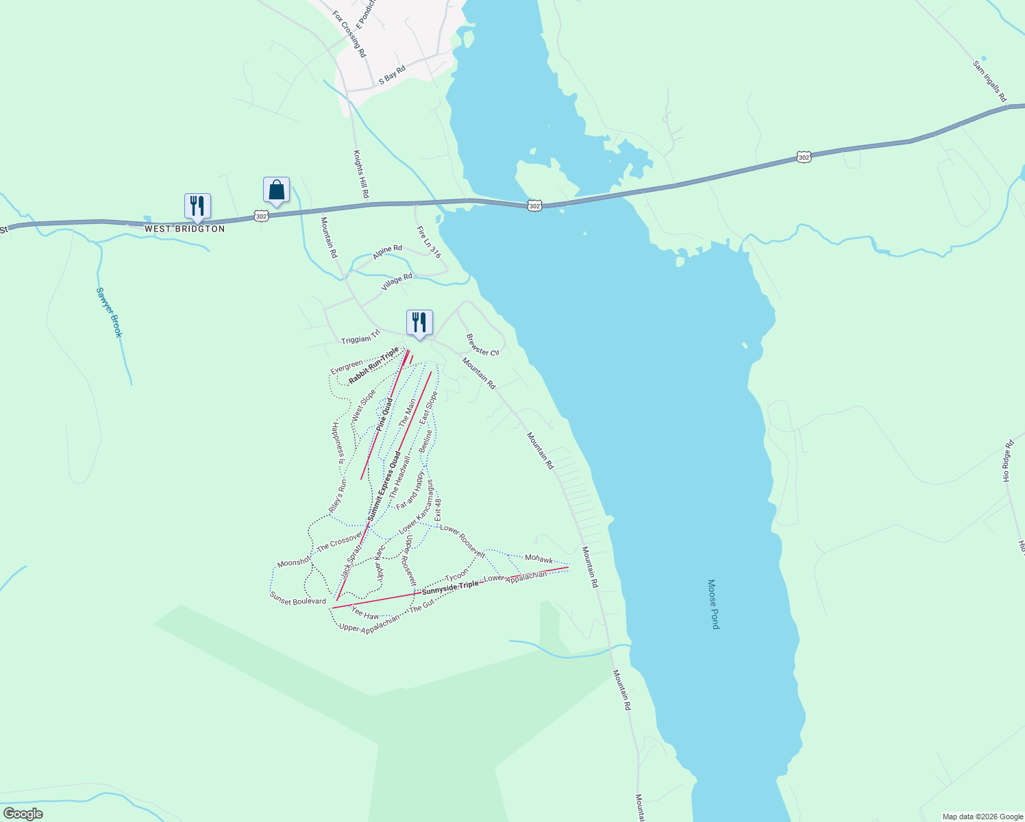 map of restaurants, bars, coffee shops, grocery stores, and more near Solitude Lane in Bridgton