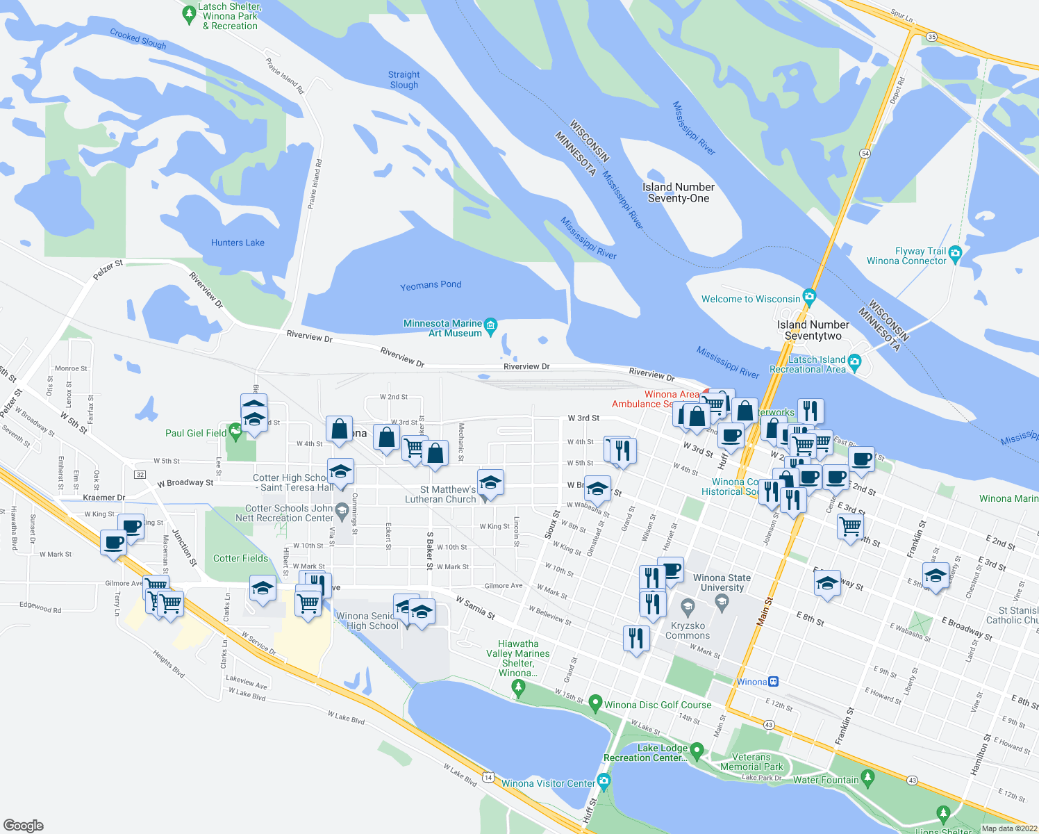 map of restaurants, bars, coffee shops, grocery stores, and more near 730 West 3rd Street in Winona