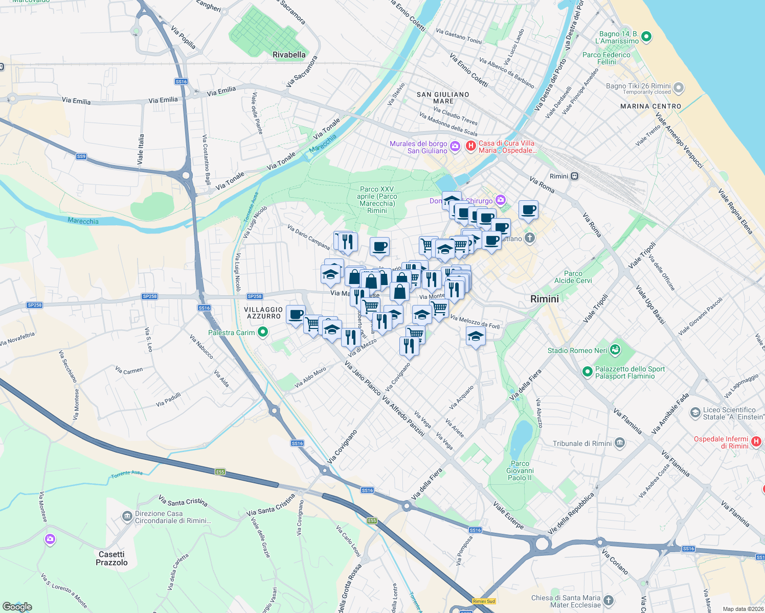 map of restaurants, bars, coffee shops, grocery stores, and more near 20 Via Marecchiese in Rimini