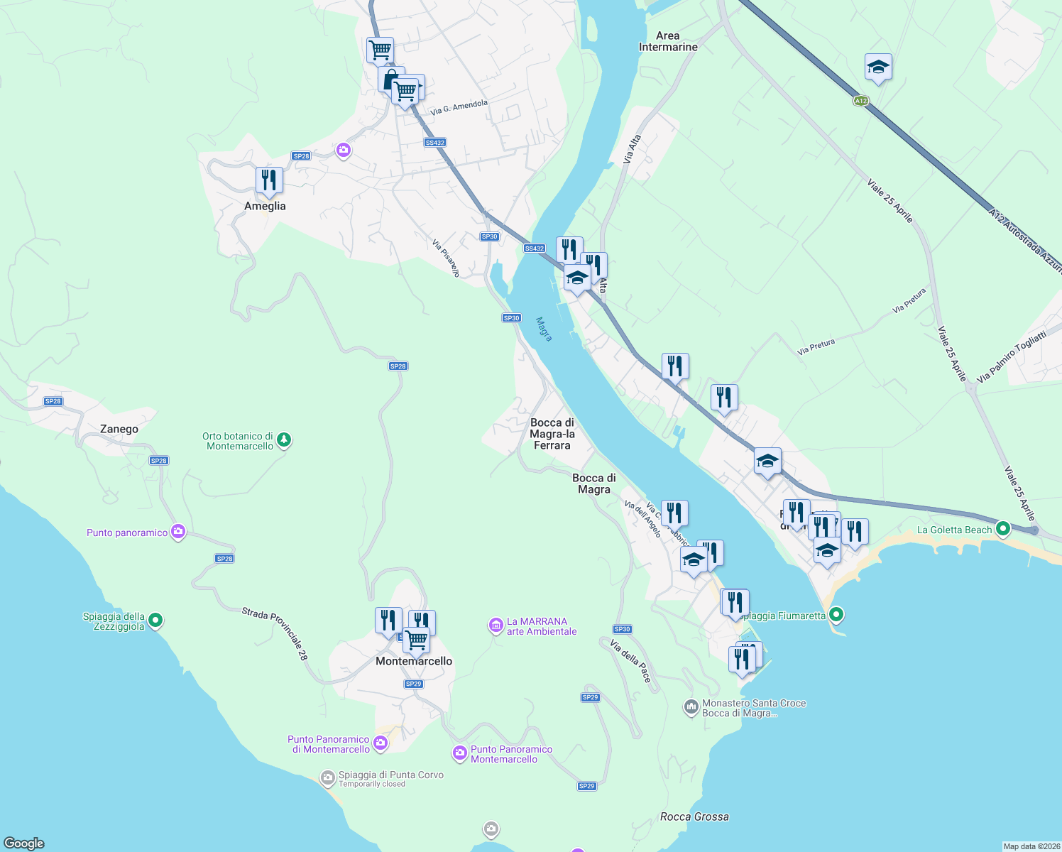 map of restaurants, bars, coffee shops, grocery stores, and more near 67 Via della Pace in Bocca di Magra-la Ferrara
