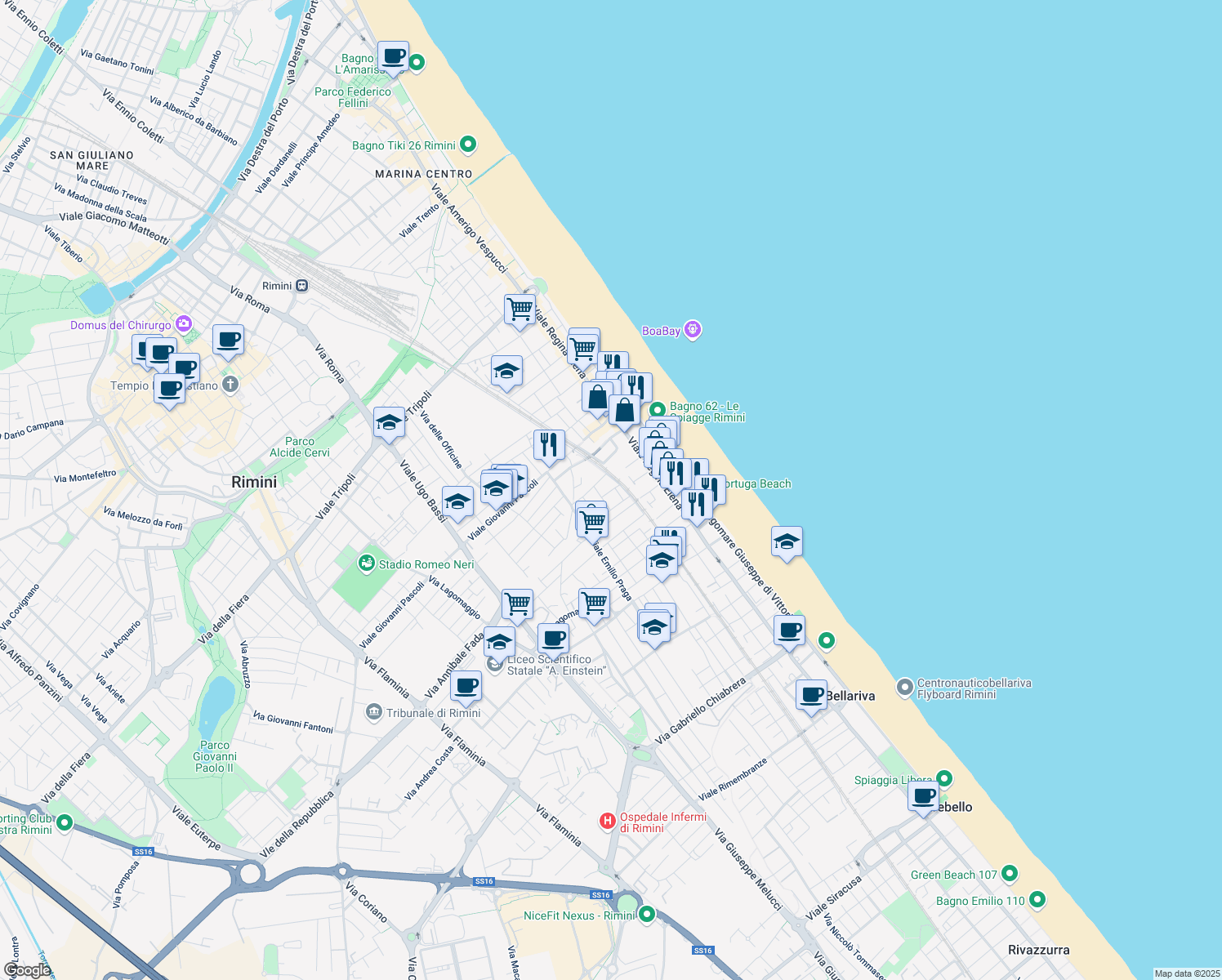 map of restaurants, bars, coffee shops, grocery stores, and more near 17 Via del Giglio in Rimini