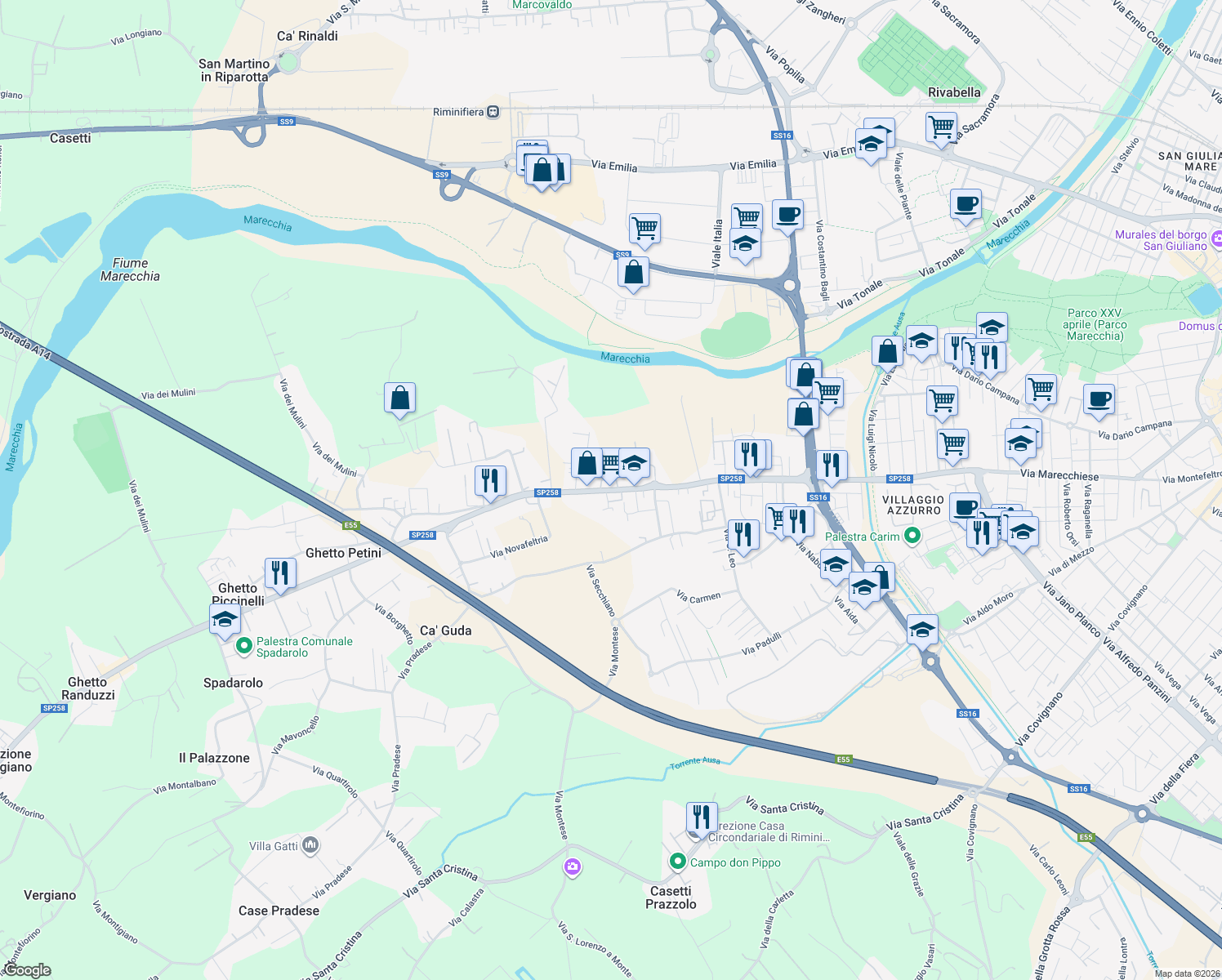 map of restaurants, bars, coffee shops, grocery stores, and more near 262 Via Marecchiese in Rimini