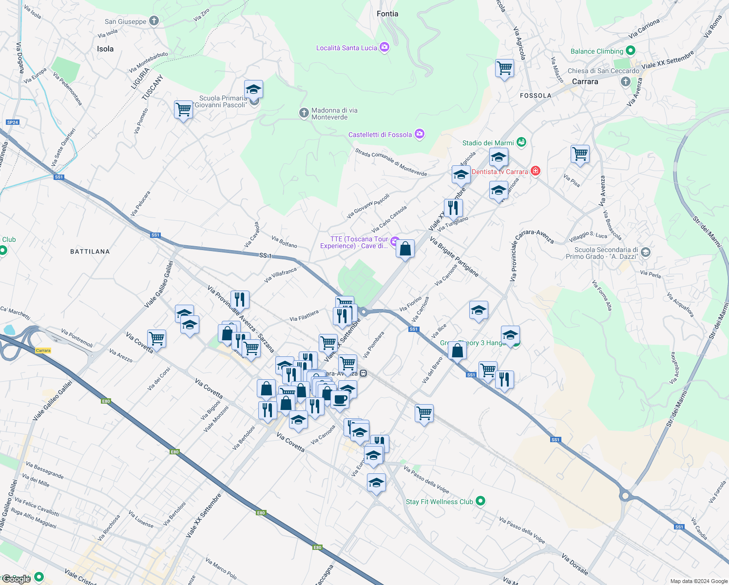 map of restaurants, bars, coffee shops, grocery stores, and more near 173 Viale XX Settembre in Carrara