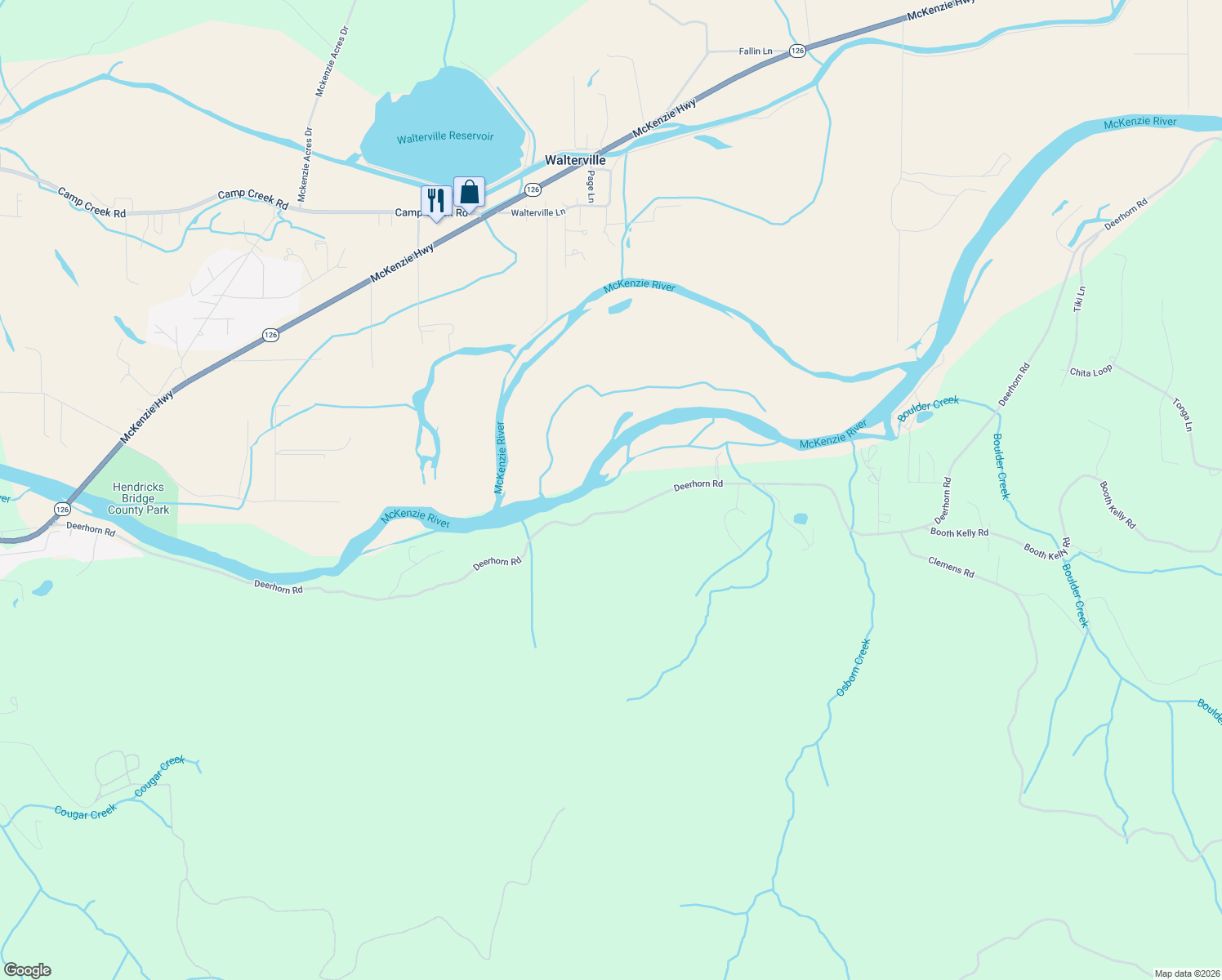 map of restaurants, bars, coffee shops, grocery stores, and more near 39669 Deerhorn Road in Springfield