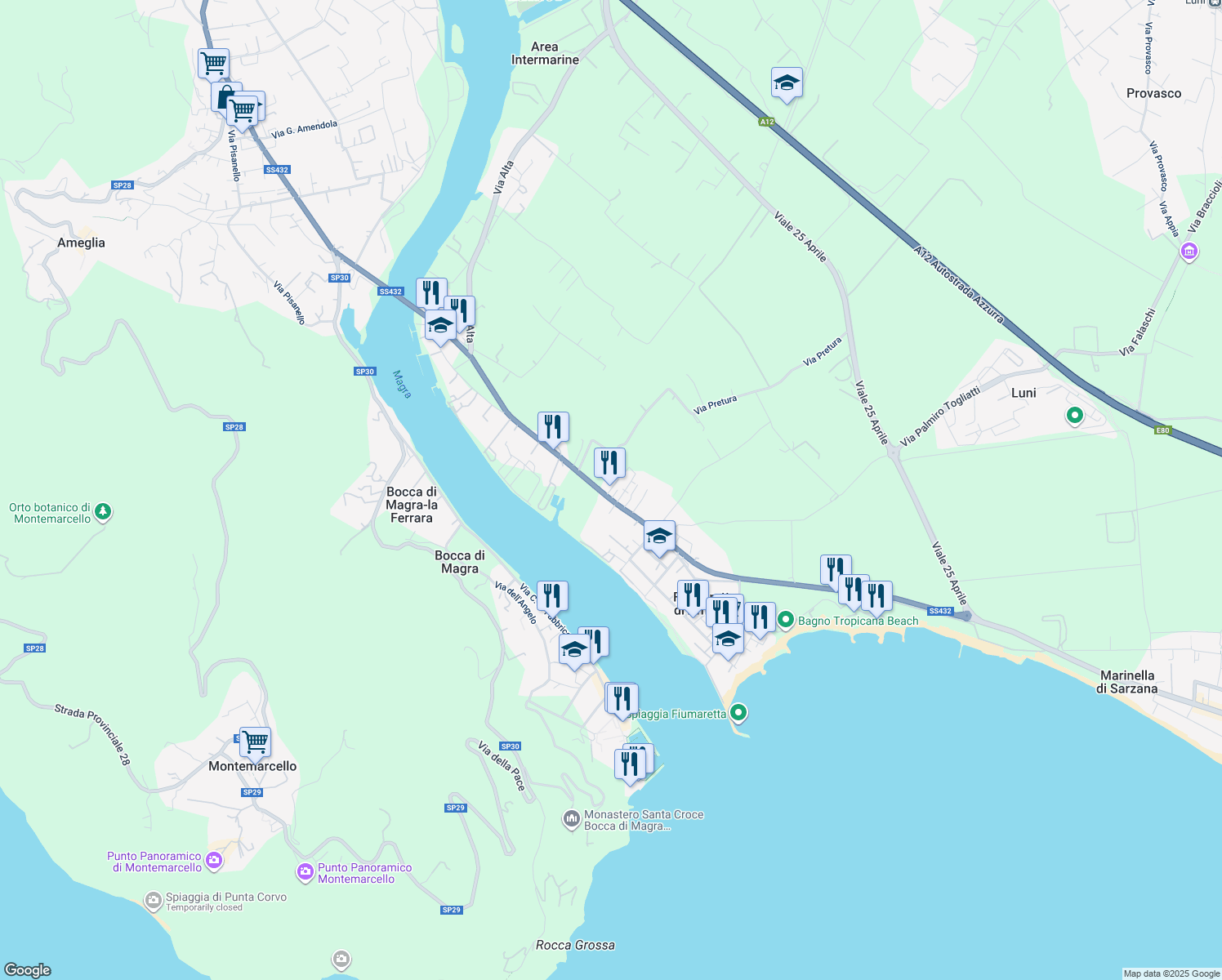 map of restaurants, bars, coffee shops, grocery stores, and more near 22 Via Litoranea in Fiumaretta di Ameglia